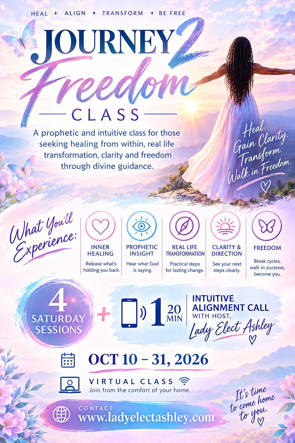 Journey 2 Freedom Class flyer: 4 Saturday sessions, October 10 to 31, 2026, virtual class with Lady Elect Ashley